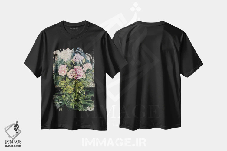 تیشرت مشکی طرح دار رزهای لطیف صورتی کمرنگ، دکور معاصر اثر اوکسانا افتیه وا | فروشگاه ایماژ