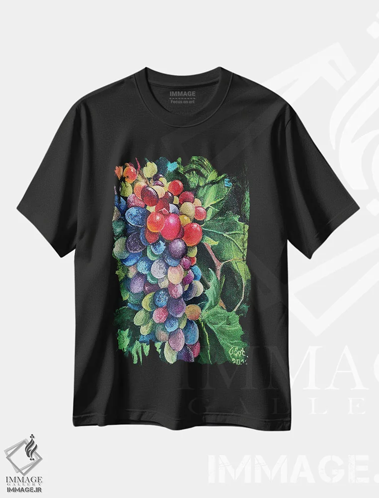 تیشرت مشکی طرح دار انگورهای آفتابی، دکور معاصر اثر اوکسانا افتیه وا | فروشگاه ایماژ