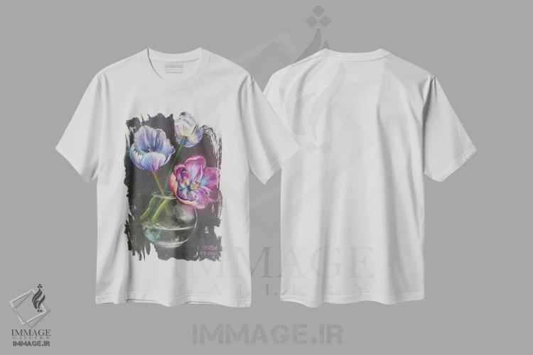 تیشرت سفید طرح دار طبیعت بی جان با لاله ها، دکور معاصر اثر اوکسانا افتیه وا | فروشگاه ایماژ