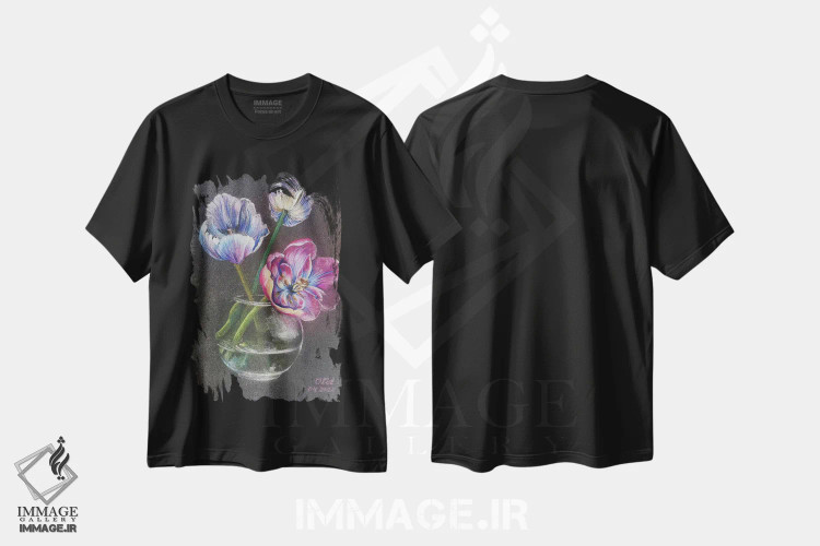 تیشرت مشکی طرح دار طبیعت بی جان با لاله ها، دکور معاصر اثر اوکسانا افتیه وا | immage.ir