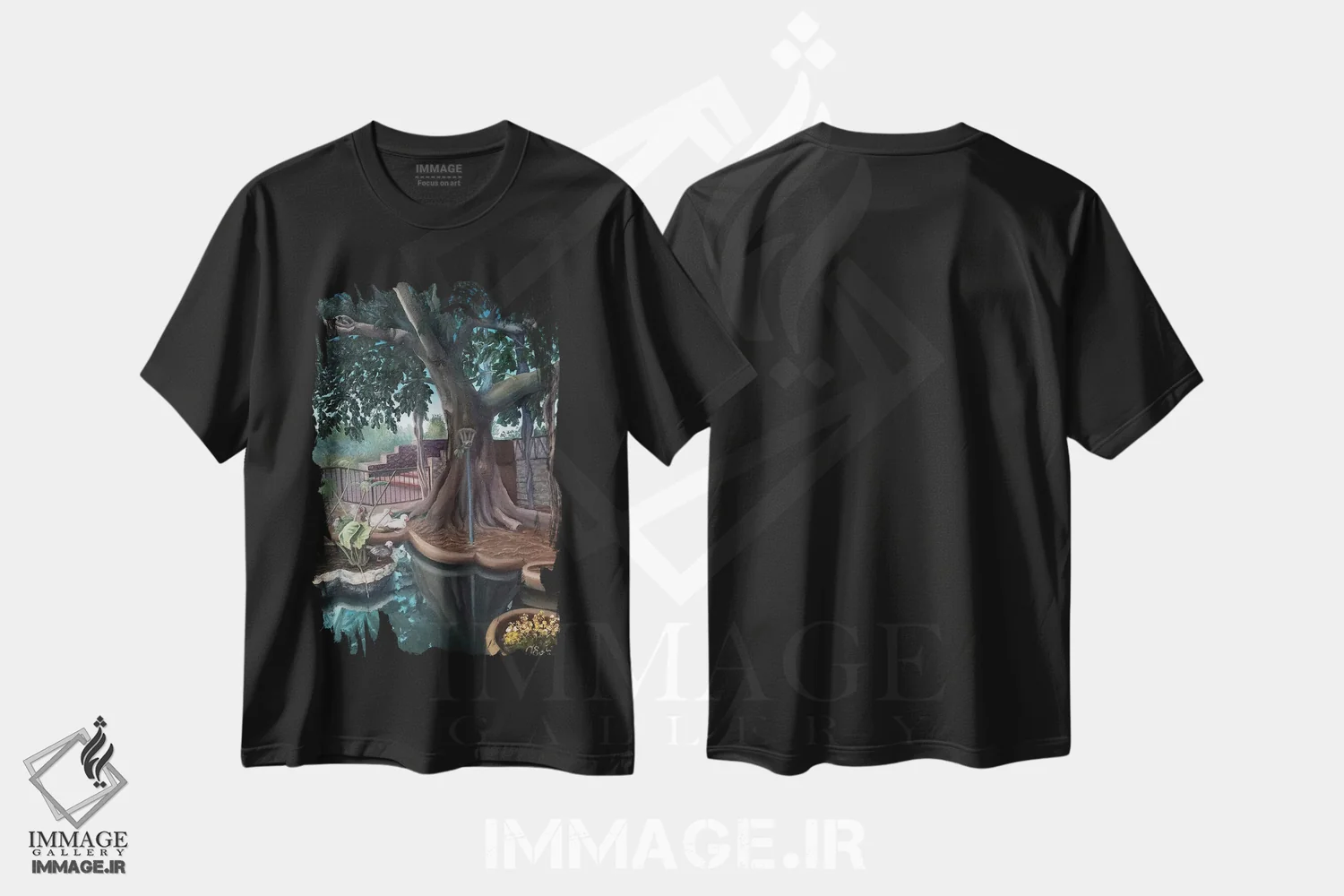 تیشرت مشکی طرح دار باغ راز، هنر دیجیتال اثر اوکسانا افتیه وا | فروشگاه ایماژ