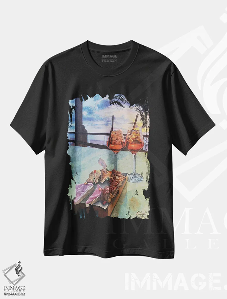 تیشرت مشکی طرح دار غروب در آپرول اسپرایتس، هنر فاخر معاصر اثر اوکسانا افتیه وا | immage.ir