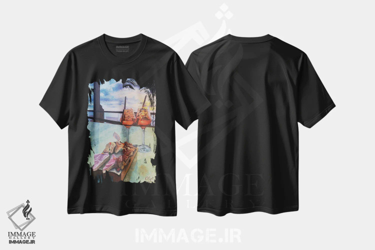 تیشرت مشکی طرح دار غروب در آپرول اسپرایتس، هنر فاخر معاصر اثر اوکسانا افتیه وا | immage.ir