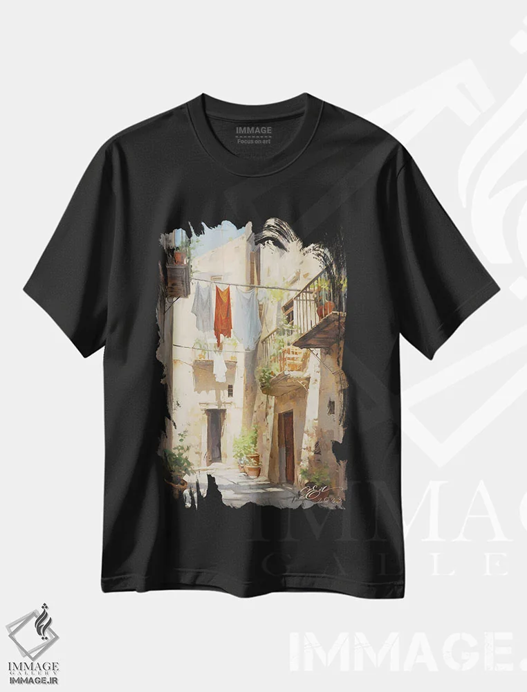 تیشرت مشکی طرح دار آرامش آفتاب خورده، مدیوم اثر اوکسانا افتیه وا | فروشگاه ایماژ