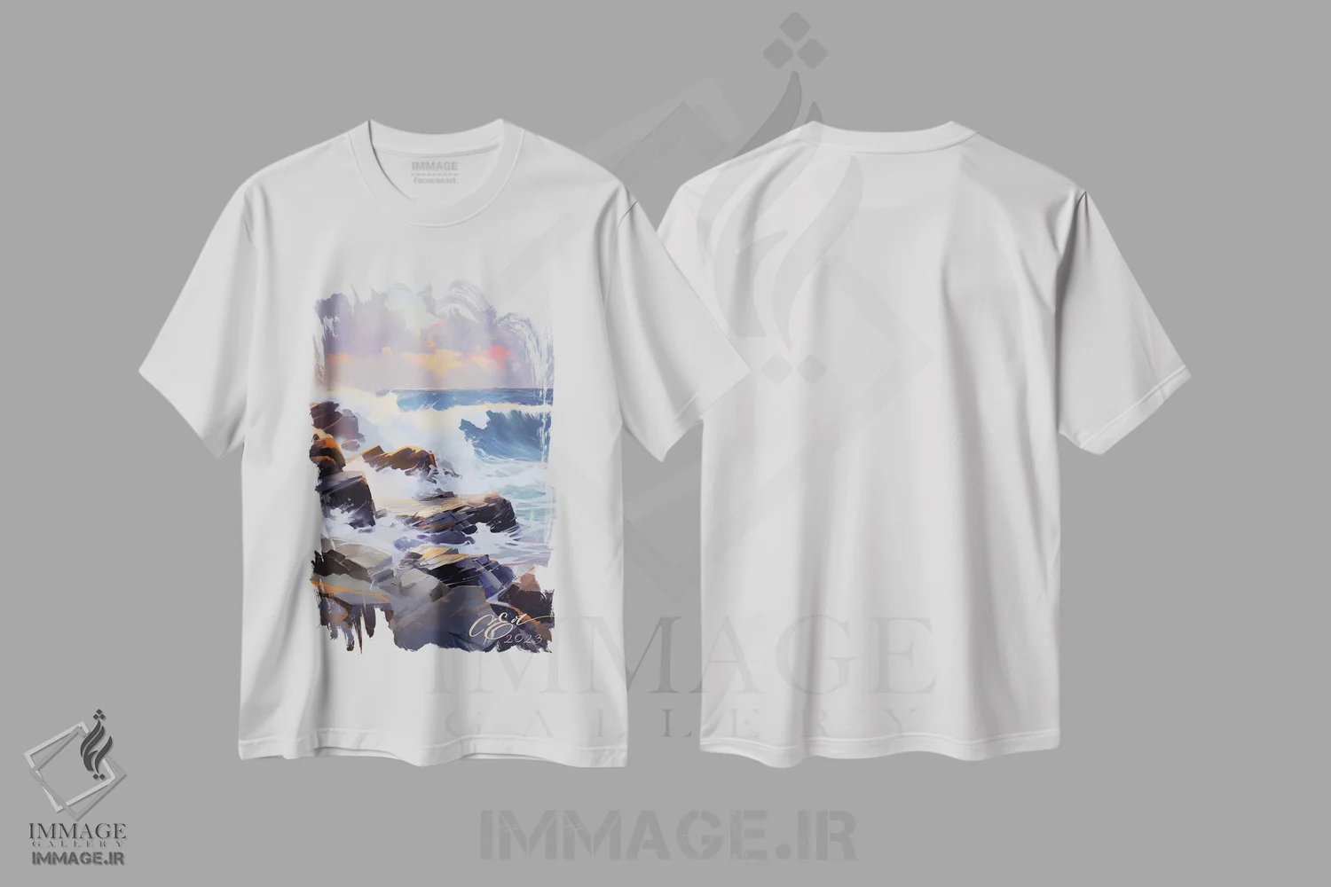 تیشرت سفید طرح دار امواج غروب در چفالو، دکور معاصر اثر اوکسانا افتیه وا | فروشگاه ایماژ