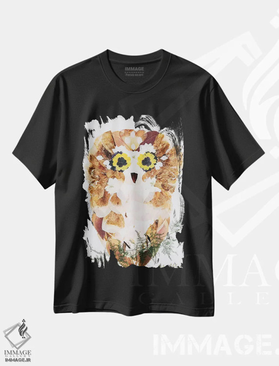 تیشرت مشکی طرح دار جغد، تزئینی اثر آکسی آی فلورال کو | فروشگاه ایماژ