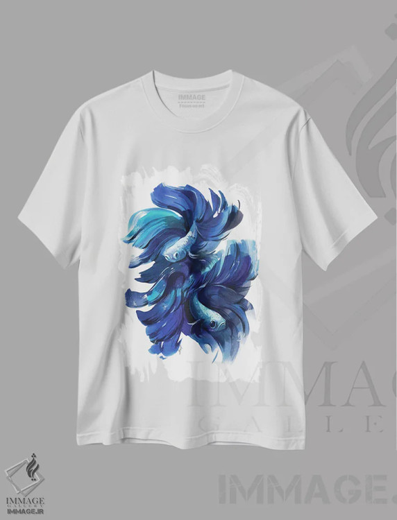تیشرت سفید طرح دار ماهی ها در آبی، هنر دیجیتال اثر الگا آکسنوا | فروشگاه ایماژ