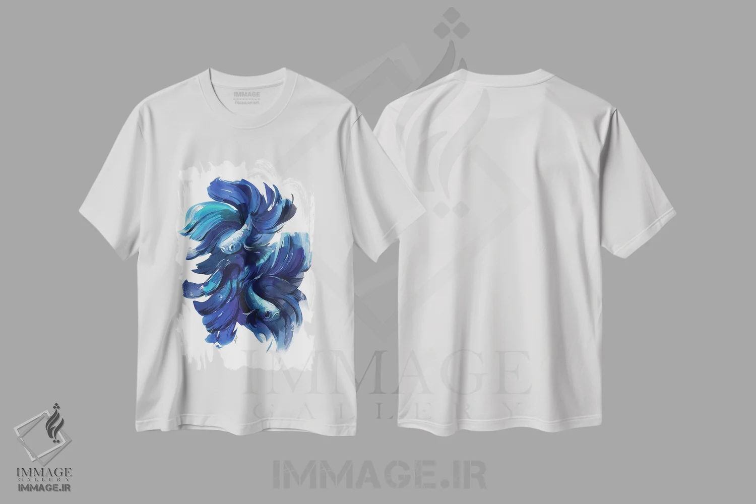 تیشرت سفید طرح دار ماهی ها در آبی، هنر دیجیتال اثر الگا آکسنوا | فروشگاه ایماژ