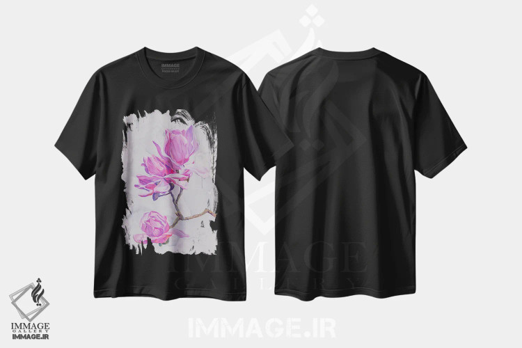 تیشرت مشکی طرح دار ماگنولیاها، دکور معاصر اثر الگا وُلنا | فروشگاه ایماژ
