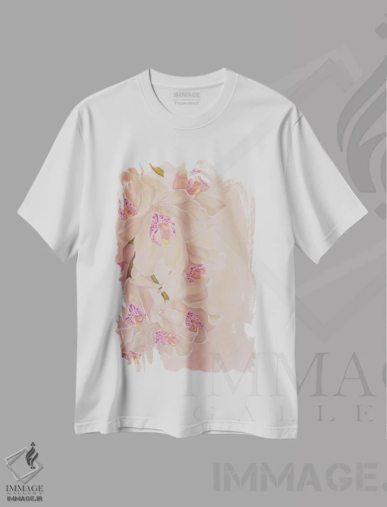 تیشرت سفید طرح دار ارکیده های لطیف، دکور معاصر اثر الگا وُلنا | فروشگاه ایماژ