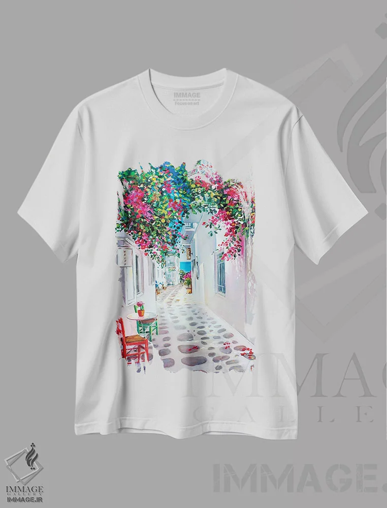 تیشرت سفید طرح دار رنگ های روشن یونان، هنر فاخر معاصر اثر اولنا هونتار | فروشگاه ایماژ