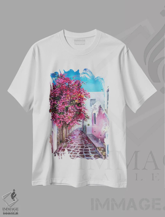 تیشرت سفید طرح دار کوچه صورتی رؤیاها، هنر فاخر معاصر اثر اولنا هونتار | immage.ir