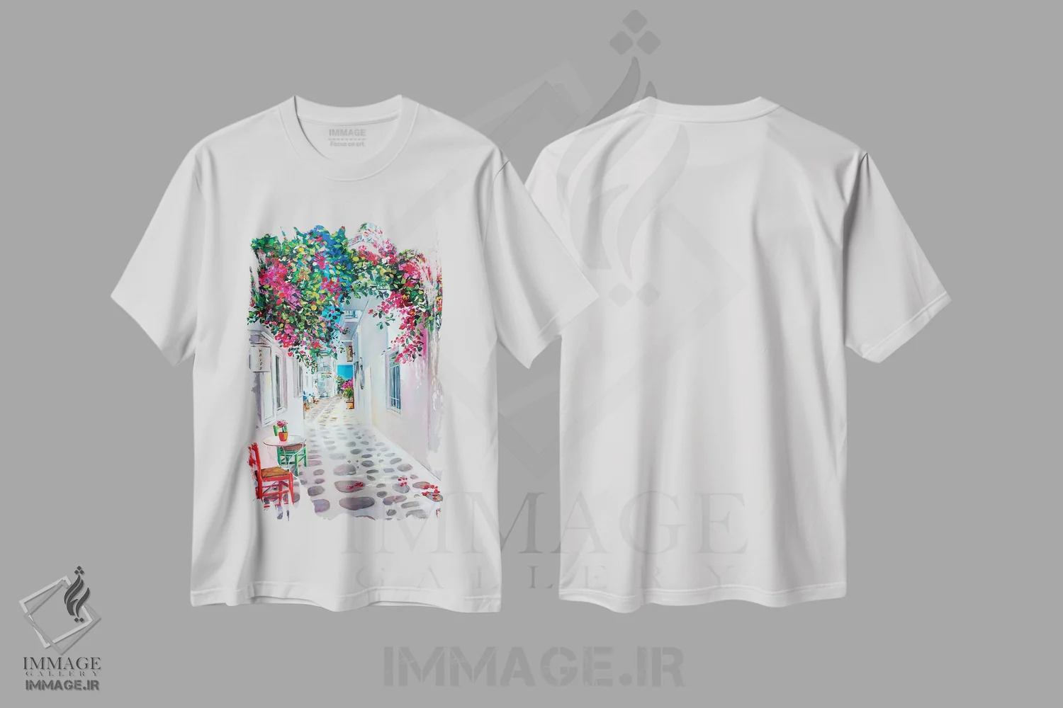 تیشرت سفید طرح دار رنگ های روشن یونان، هنر فاخر معاصر اثر اولنا هونتار | فروشگاه ایماژ