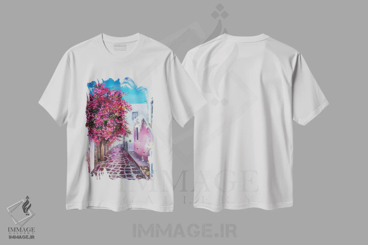 تیشرت سفید طرح دار کوچه صورتی رؤیاها، هنر فاخر معاصر اثر اولنا هونتار | immage.ir