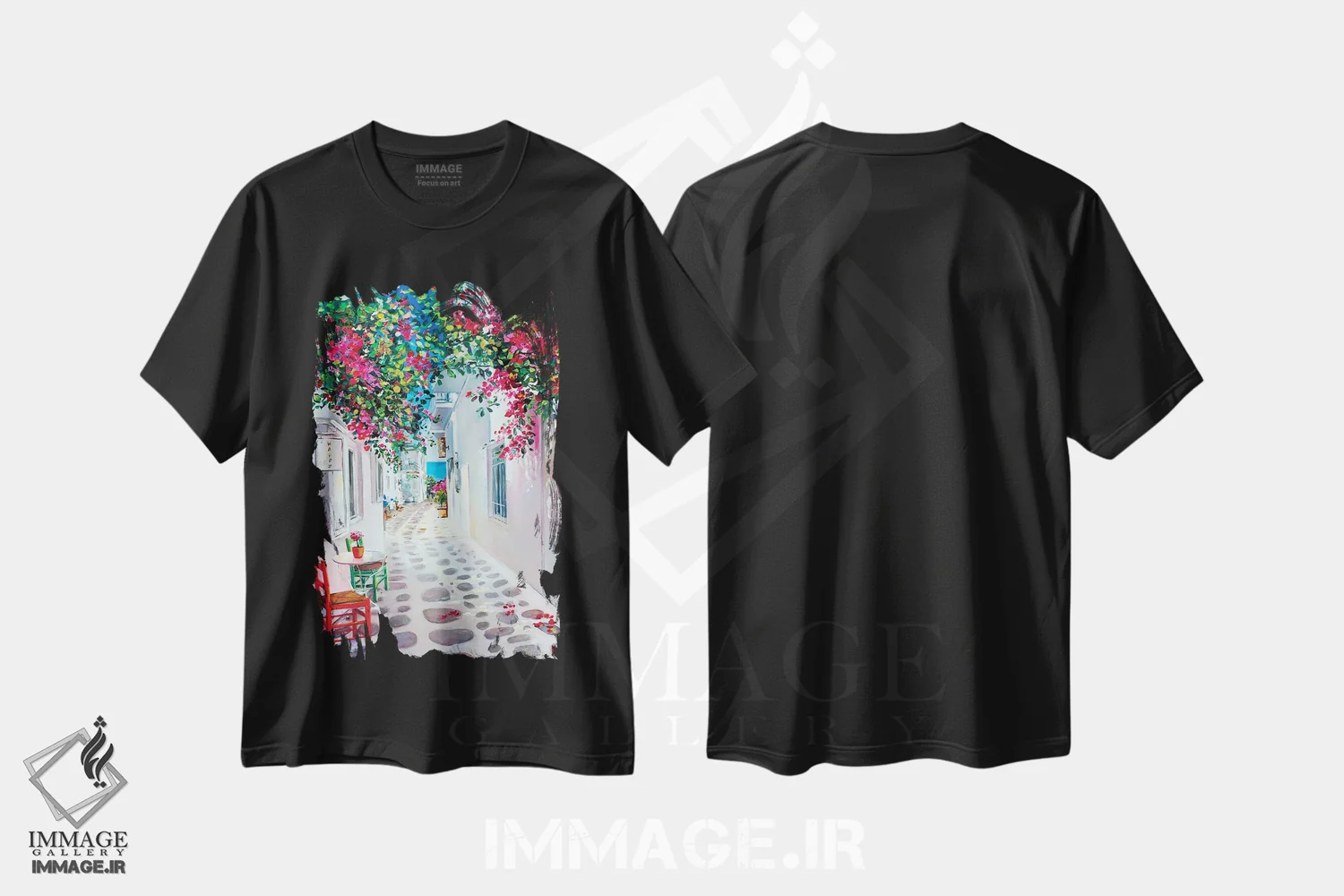 تیشرت مشکی طرح دار رنگ های روشن یونان، هنر فاخر معاصر اثر اولنا هونتار | immage.ir