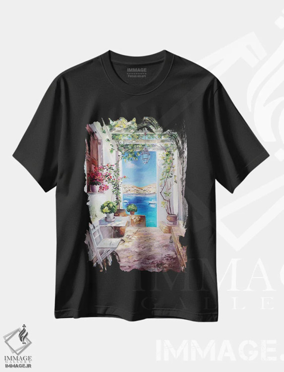 تیشرت مشکی طرح دار صبح یونانی، هنر فاخر معاصر اثر اولنا هونتار | immage.ir
