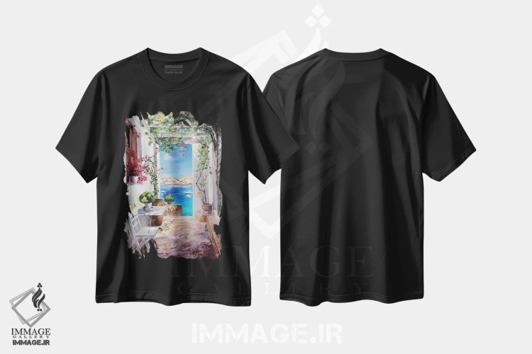 تیشرت مشکی طرح دار صبح یونانی، هنر فاخر معاصر اثر اولنا هونتار | immage.ir