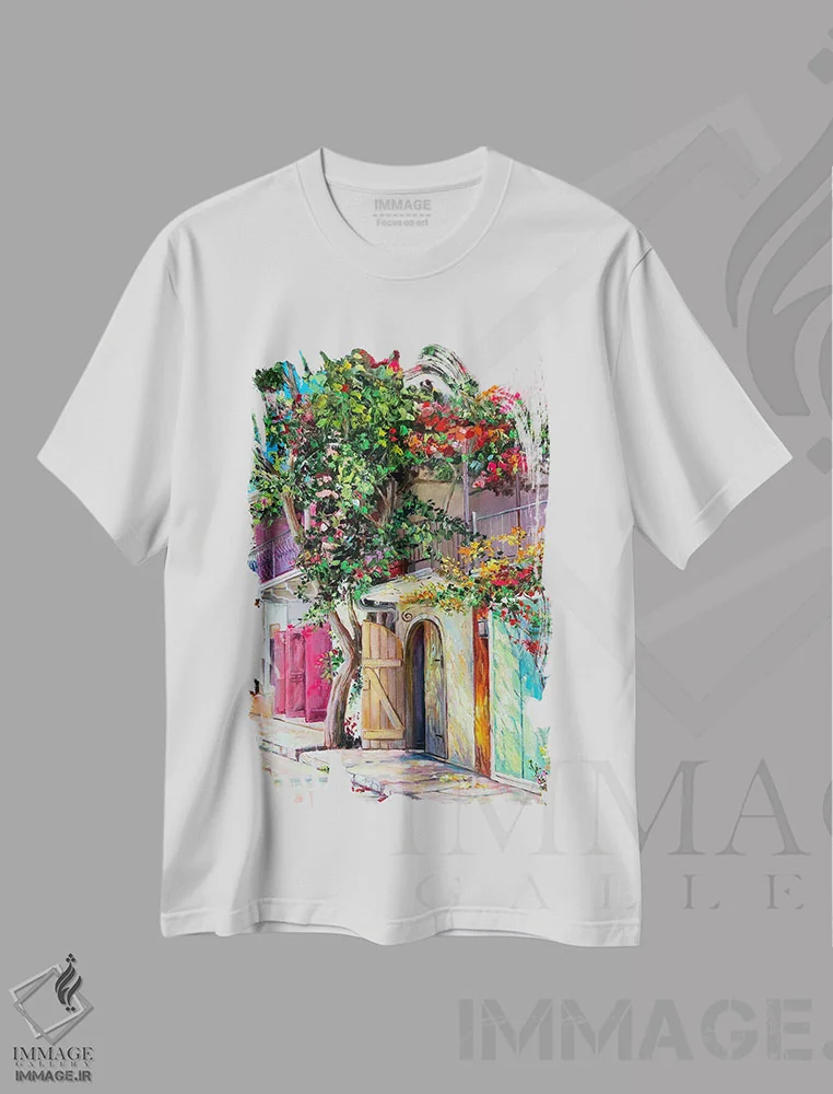 تیشرت سفید طرح دار صبح آفتابی ۲۰۲۳، هنر فاخر معاصر اثر اولنا هونتار | فروشگاه ایماژ