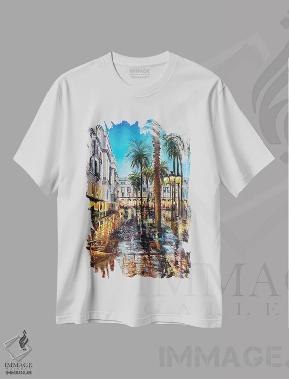 تیشرت سفید طرح دار بارسلونا، هنر فاخر معاصر اثر اولنا هونتار | فروشگاه ایماژ