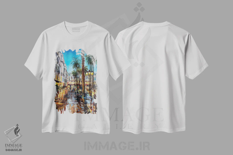 تیشرت سفید طرح دار بارسلونا، هنر فاخر معاصر اثر اولنا هونتار | فروشگاه ایماژ