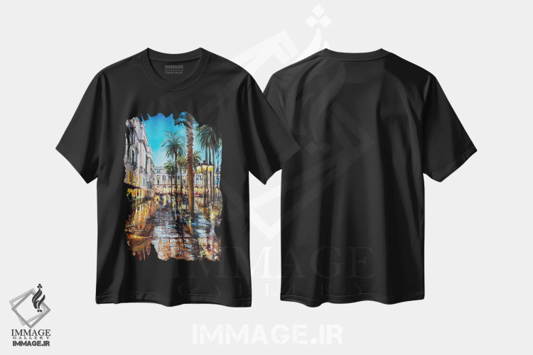 تیشرت مشکی طرح دار بارسلونا، هنر فاخر معاصر اثر اولنا هونتار | immage.ir