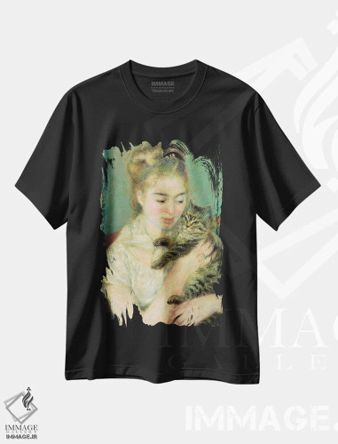 تیشرت مشکی طرح دار زن با گربه، ۱۸۷۵، هنر فاخر کلاسیک اثر پیر-اوگوست رنوار | فروشگاه ایماژ