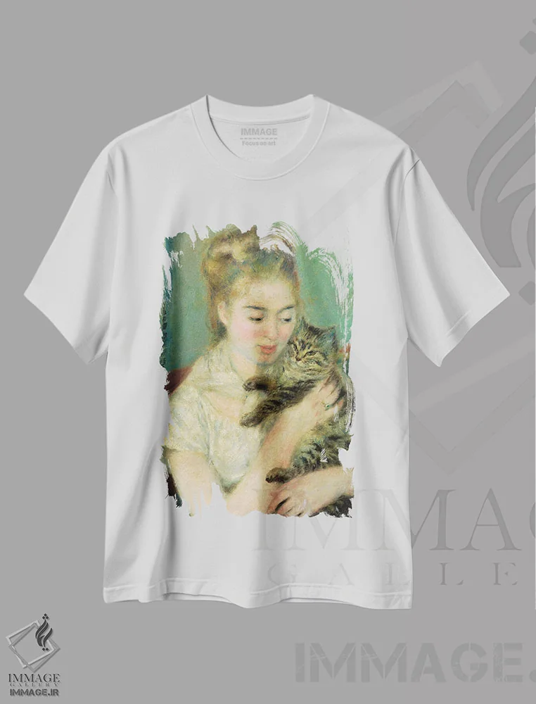 تیشرت سفید طرح دار زن با گربه، ۱۸۷۵، هنر فاخر کلاسیک اثر پیر-اوگوست رنوار | immage.ir