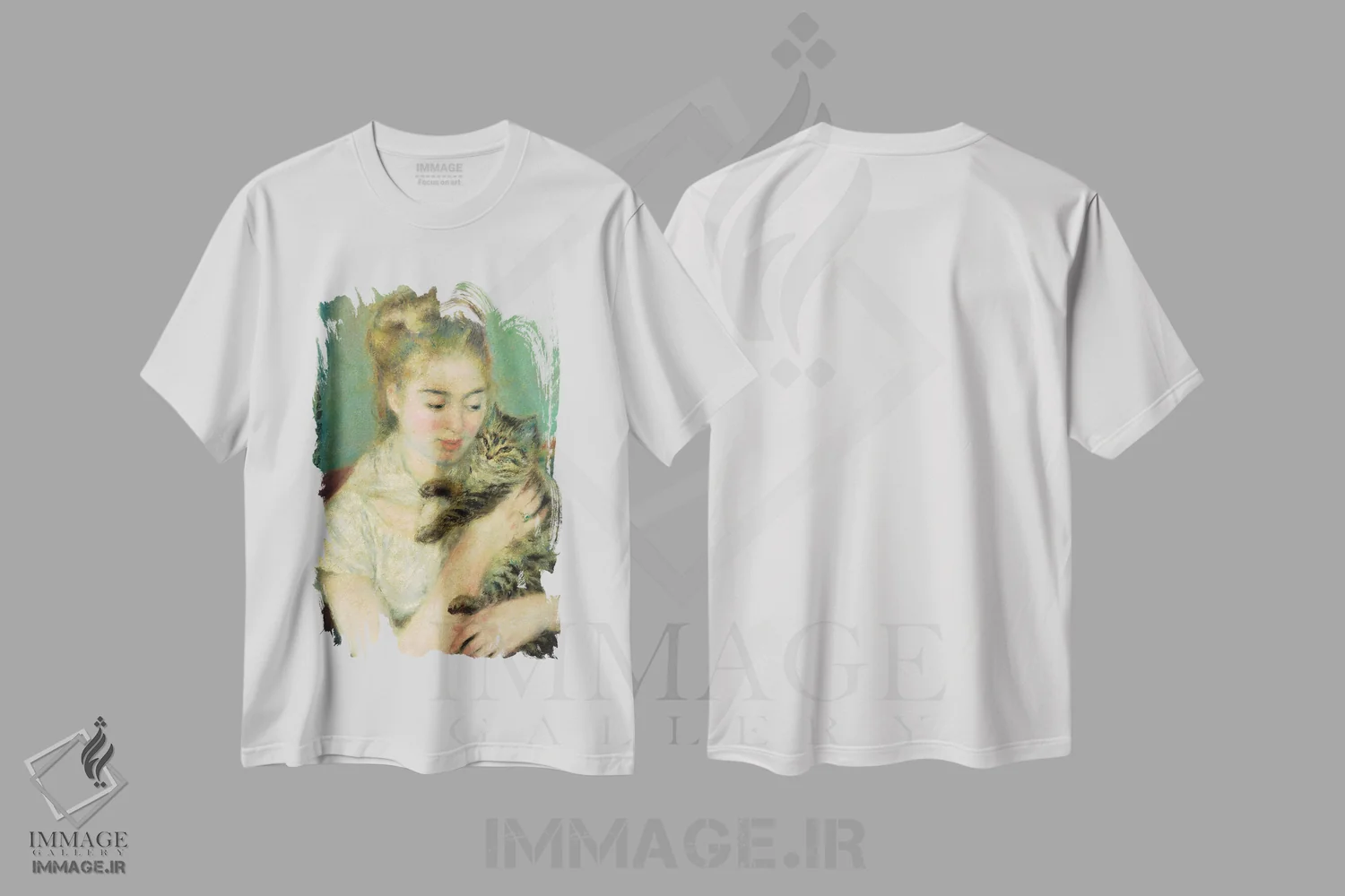 تیشرت سفید طرح دار زن با گربه، ۱۸۷۵، هنر فاخر کلاسیک اثر پیر-اوگوست رنوار | immage.ir