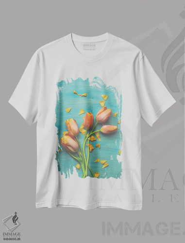 تیشرت سفید طرح دار طبیعت بی جان گل لاله نارنجی II، تزئینی اثر اولیویا جوی سنت کلر | فروشگاه ایماژ