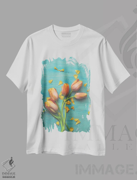 تیشرت سفید طرح دار طبیعت بی جان گل لاله نارنجی II، تزئینی اثر اولیویا جوی سنت کلر | فروشگاه ایماژ