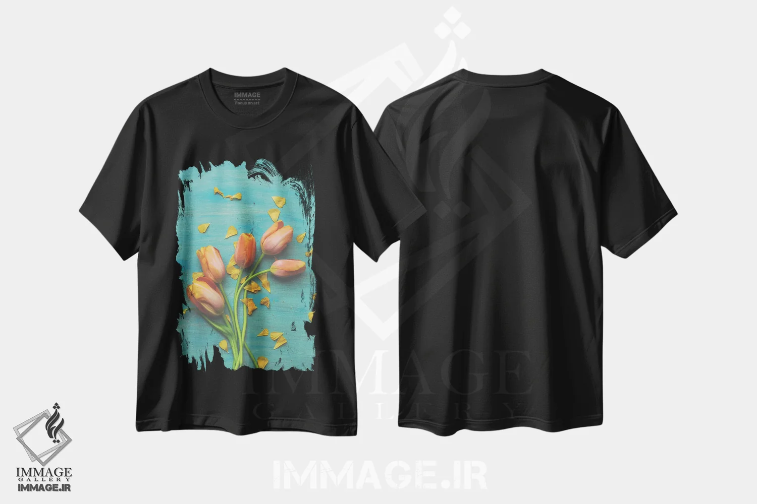 تیشرت مشکی طرح دار طبیعت بی جان گل لاله نارنجی II، تزئینی اثر اولیویا جوی سنت کلر | immage.ir