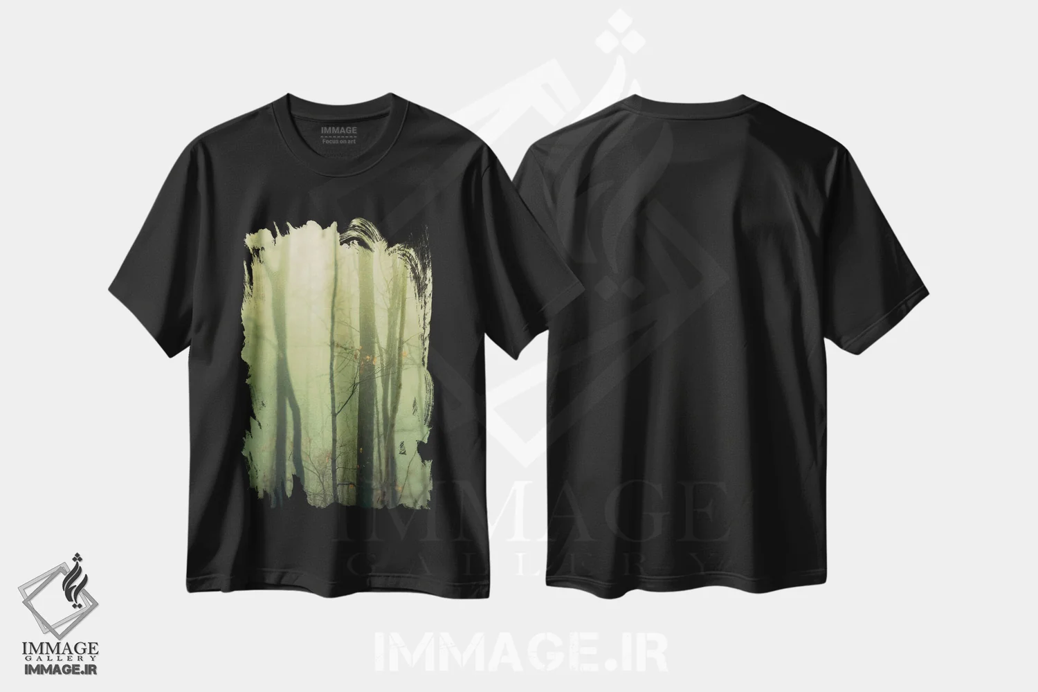تیشرت مشکی طرح دار درختان در مه I، مدیوم اثر اولیویا جوی سنت کلر | فروشگاه ایماژ