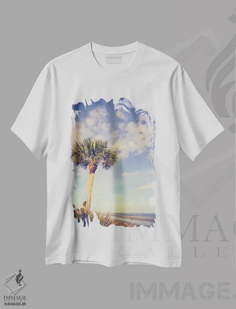 تیشرت سفید طرح دار بهشت نخل ها، تزئینی اثر اولیویا جوی سنت کلر | فروشگاه ایماژ