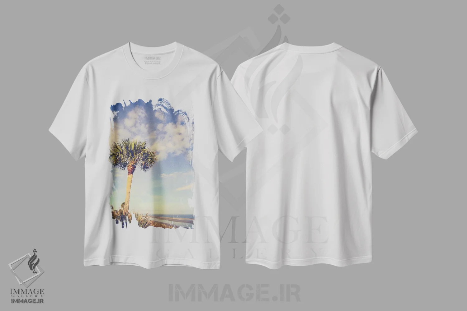 تیشرت سفید طرح دار بهشت نخل ها، تزئینی اثر اولیویا جوی سنت کلر | فروشگاه ایماژ