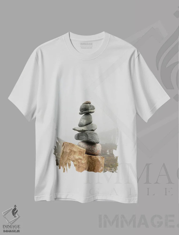تیشرت سفید طرح دار توده سنگ روی ساحل مه آلود، مدیوم اثر اولیویا جوی سنت کلر | فروشگاه ایماژ