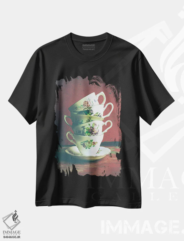 تیشرت مشکی طرح دار فنجان های چای قدیمی، دکور آسیایی اثر اولیویا جوی سنت کلر | فروشگاه ایماژ