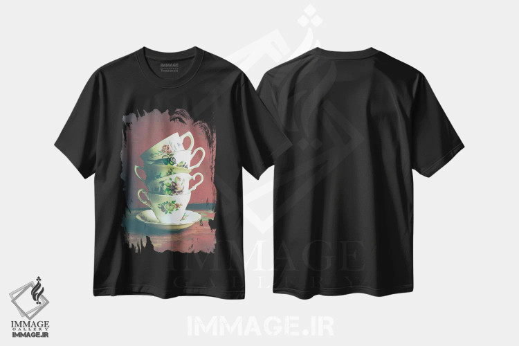 تیشرت مشکی طرح دار فنجان های چای قدیمی، دکور آسیایی اثر اولیویا جوی سنت کلر | فروشگاه ایماژ