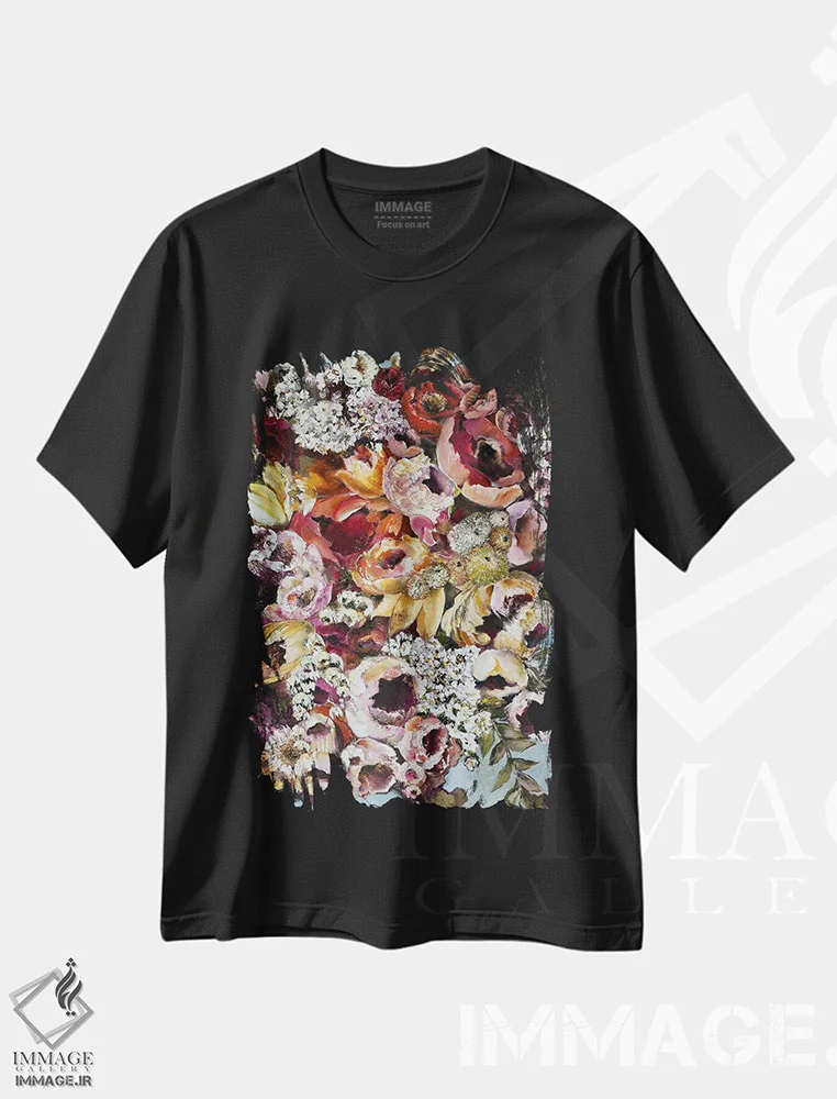 تیشرت مشکی طرح دار احساس خوشبختی، هنر فاخر معاصر اثر اوکسانا پترووا | immage.ir