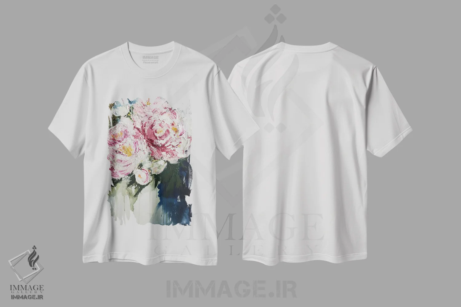 تیشرت سفید طرح دار گل های صدتومانی بر زمینه طلایی، دکور معاصر اثر اوکسانا پترووا | فروشگاه ایماژ