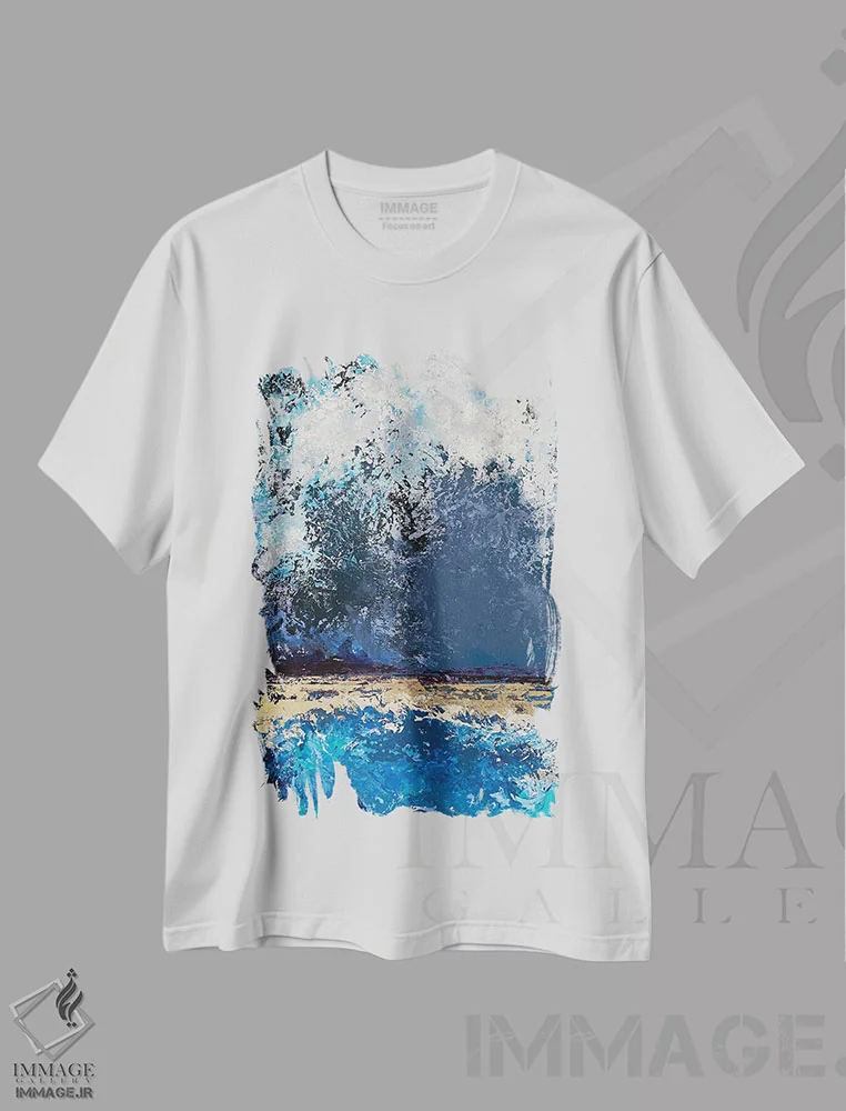 تیشرت سفید طرح دار طوفان دریایی اثر اوکسانا پترووا | فروشگاه ایماژ