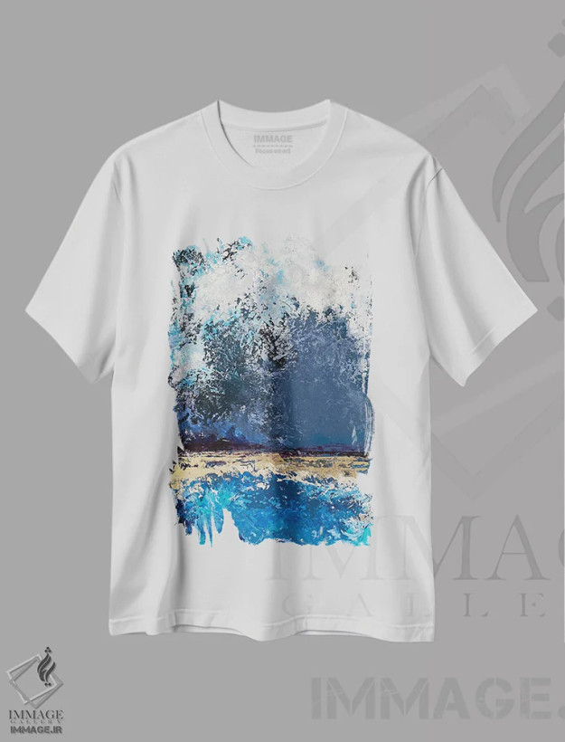 تیشرت سفید طرح دار طوفان دریایی اثر اوکسانا پترووا | فروشگاه ایماژ