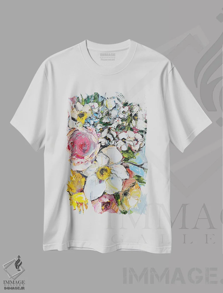 تیشرت سفید طرح دار بهار دوست داشتنی، هنر فاخر معاصر اثر اوکسانا پترووا | فروشگاه ایماژ