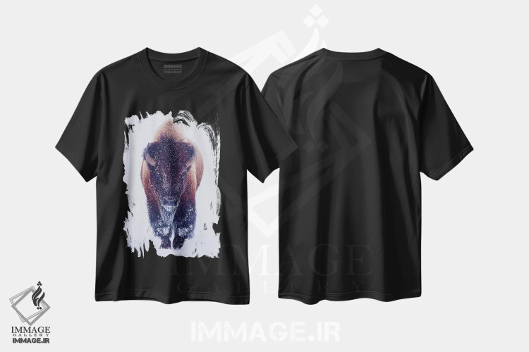 تیشرت مشکی طرح دار گاومیش کوهان دار در برف، مدیوم اثر اولنا آرت | فروشگاه ایماژ
