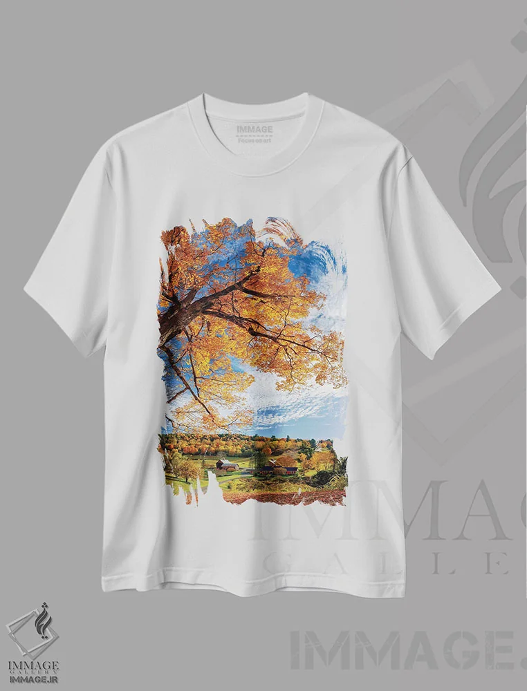 تیشرت سفید طرح دار پاییز در مزرعه اسلیپی هالو، ورمانت، دکور روستایی اثر اولنا آرت | immage.ir