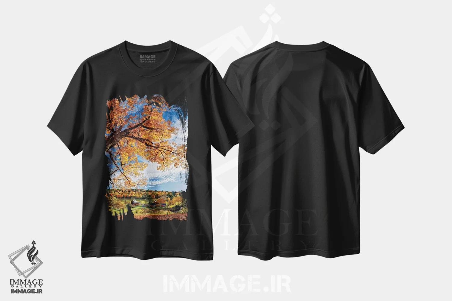 تیشرت مشکی طرح دار پاییز در مزرعه اسلیپی هالو، ورمانت، دکور روستایی اثر اولنا آرت | فروشگاه ایماژ