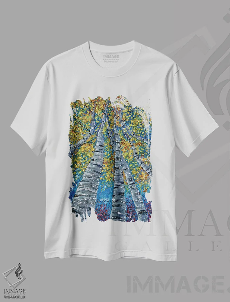 تیشرت سفید طرح دار درختان آسپن خیال انگیز نقاشی شده، مدیوم اثر اولنا آرت | immage.ir