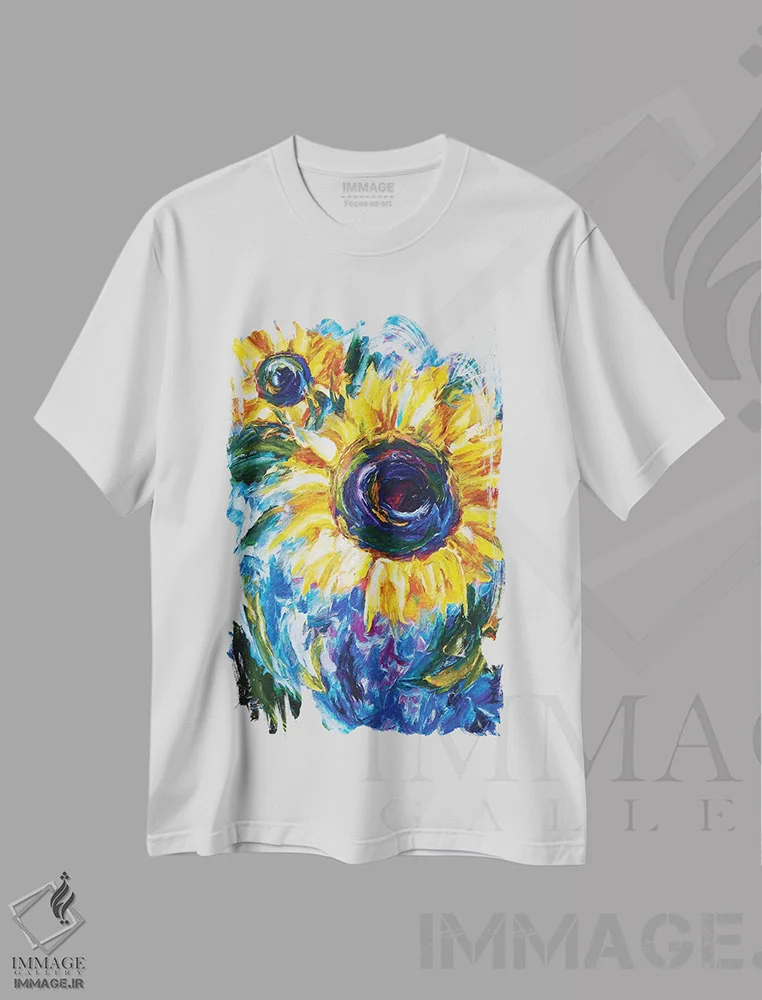 تیشرت سفید طرح دار نقاشی امپرسیونیستی آفتابگردان، هنر فاخر معاصر اثر اولنا آرت | فروشگاه ایماژ