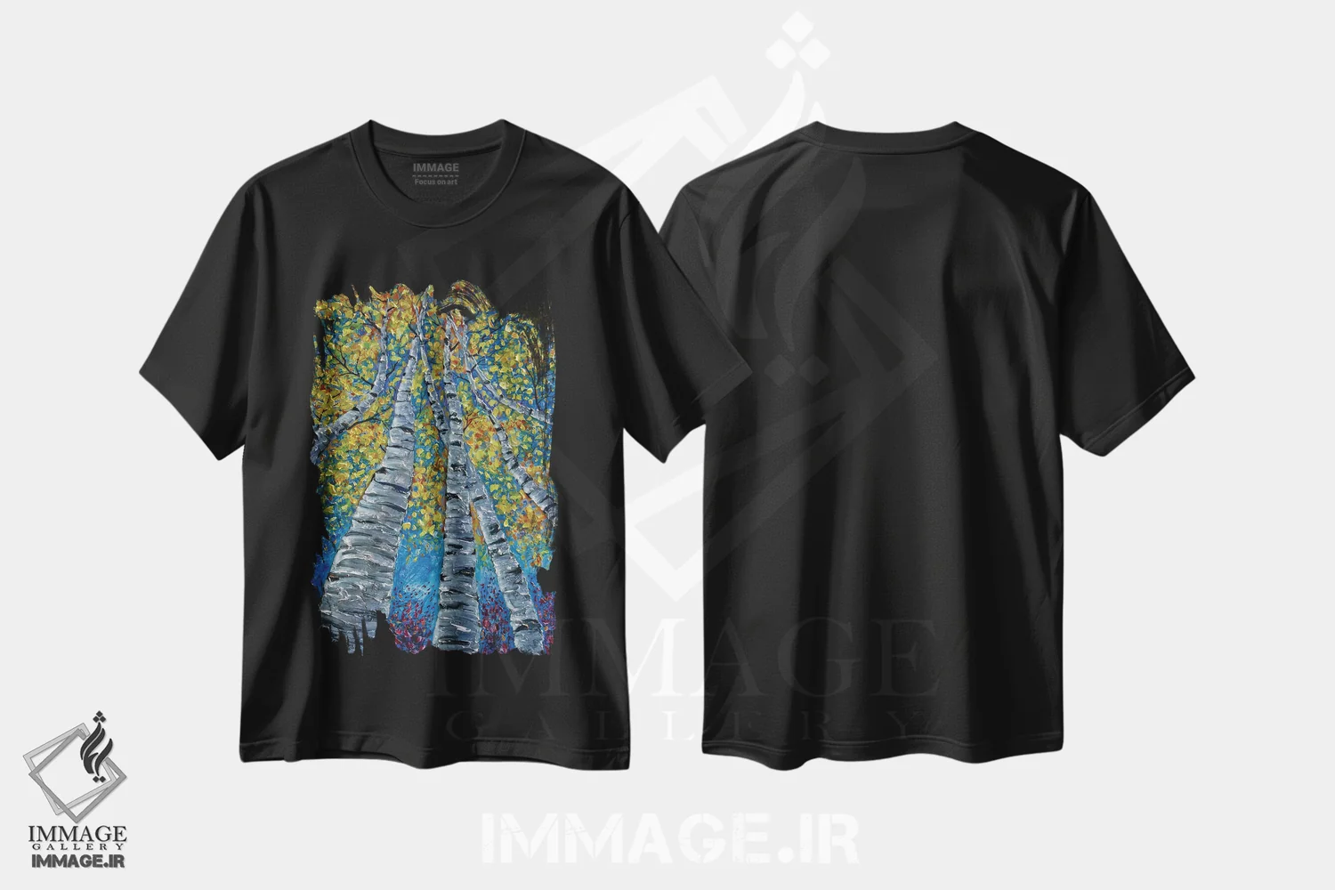 تیشرت مشکی طرح دار درختان آسپن خیال انگیز نقاشی شده، مدیوم اثر اولنا آرت | فروشگاه ایماژ