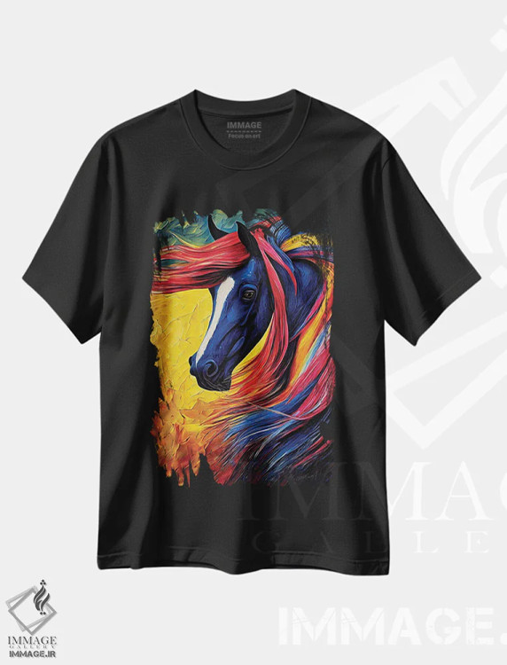 تیشرت مشکی طرح دار اسب رنگارنگ، هنر فاخر معاصر اثر اولنا آرت | فروشگاه ایماژ