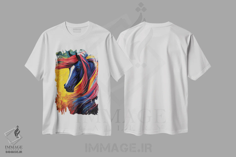 تیشرت سفید طرح دار اسب رنگارنگ، هنر فاخر معاصر اثر اولنا آرت | immage.ir